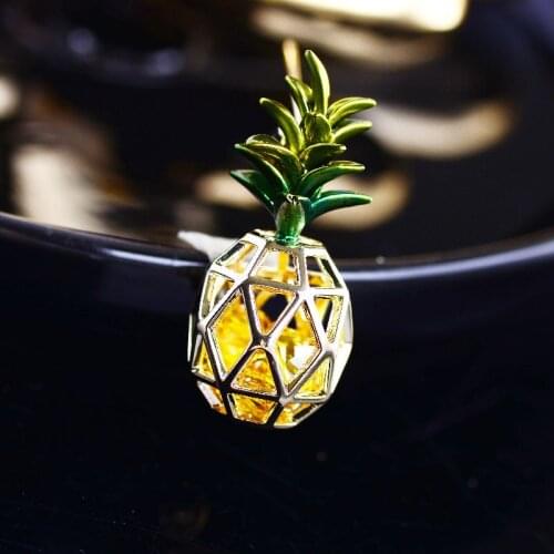 OKILY Delicate Zircon Fruit Pin and Brooches for Women Gold Color Hollow Out Pineapple Lapel Pin Summer Dress Accessories
