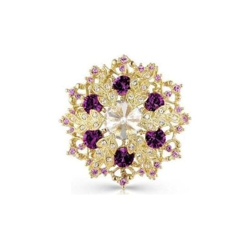 Gold Tone Purple and Lilac Crystal Diamante Wreath Brooch with Leaves