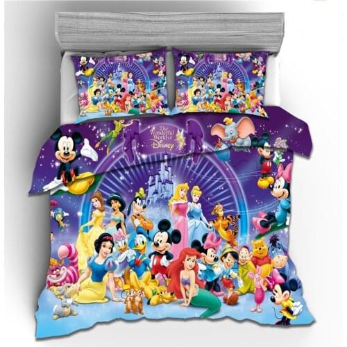 Disney Bedding Set Cartoon Mickey Minnie Mouse Snow White Belle Rapunzel Princess Luxury Duvet Cover Pillowcase Home Decoration