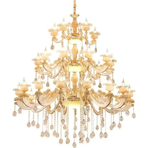 European Style Chandelier Duplex Building Hollow Large Chandelier Living Room Lamp Imitation Jade Crystal Lamp Zinc Alloy Lights