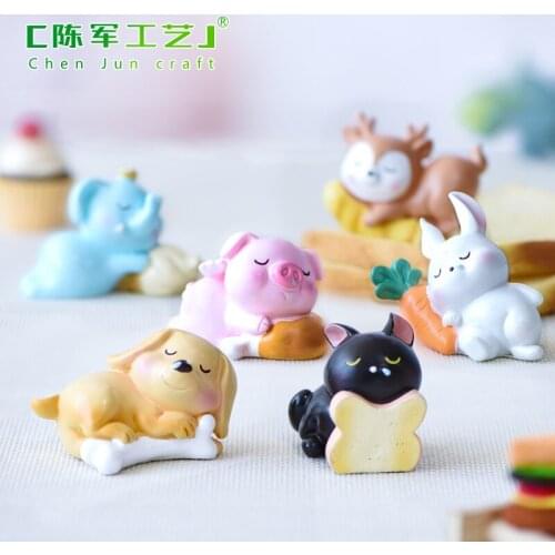 Figurine Animal Sleeping Baby Sika Deer Dog Rabbit Baking Cake Topper Baking Decoration Miniatures Fairy Garden Ornament