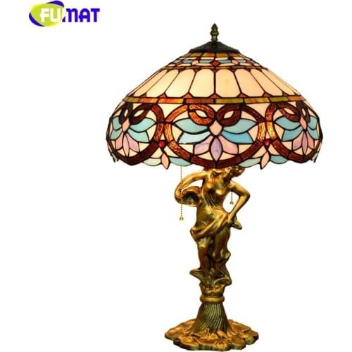 FUMAT European Style Baroque Shade Table Lamp Home decor Art Stained glass Table Lights for Living Room LED Lotus Table Lamp