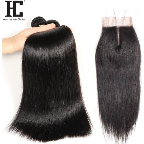 HC Brazilian Straight Hair Bundles With Closure 3 Bundles Non Remy Straight Human Hair Weave With Closure Bleached Knots 4 Pcs