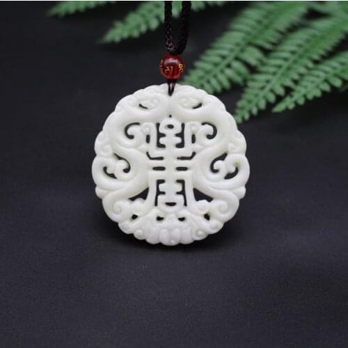 Chinese Natural White Jade Dragon Pendant Necklace Double-sided Hollow Carved Charm Jewelry Fashion Amulet for Men Women Gifts
