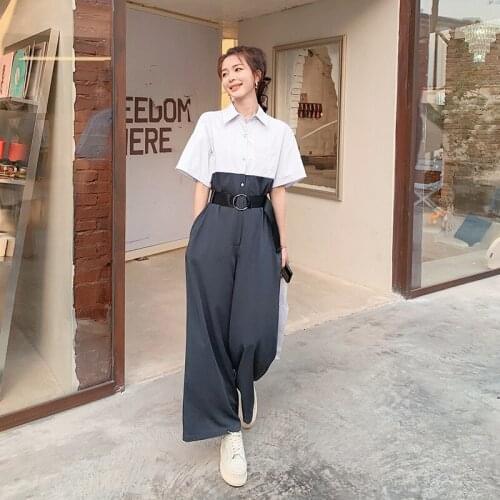 Summer Wide Leg Jumpsuit Women Fashion Splice Loose Short Sleeve Casual Shirt One Piece Pants Overalls Elegant Bandage Romper