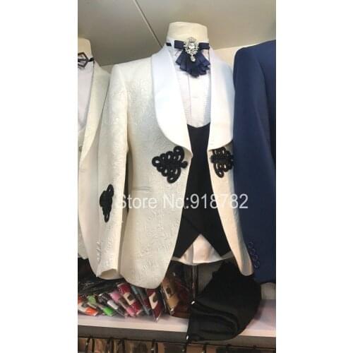 Groom Suit Wedding Suits For Men White Jacket Black Vest Pant Chinese Knot Custom Made Formal Tuxedo Costume Homme Mariage