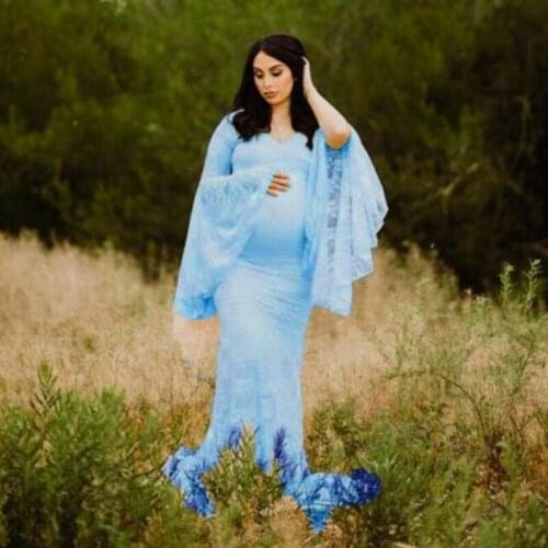 Maternity Wedding Dresses Shoot Photo Props Clothes Pregnant Women Pregnancy Maxi Gown Lace Mermaid Flared Sleeves Party Dress