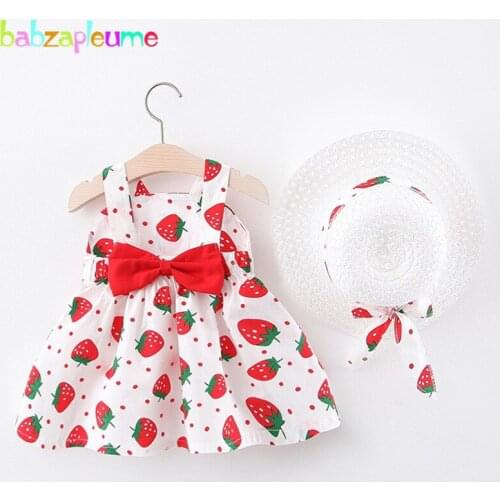 2Piece Summer Outfit Newborn Clothes Set Baby Girls Dresses Cute Strawberry Bow Cotton Sleeveless Princess Dress+Sunhat BC1871-1