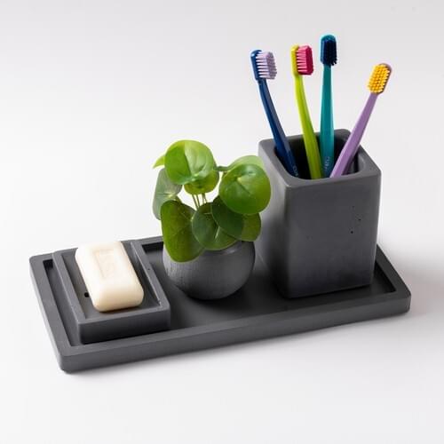 Mağazacım Concrete Tray Brush Holder Flower Pot and Soap Dish Handmade Decorative Bathroom Set