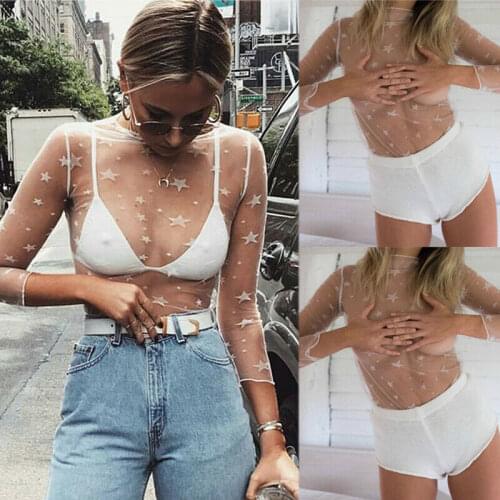 Fashion Casual Womens Sheer Mesh See-Through Long Sleeve Tops Casual T Shirt Pullover Tops Sexy White Pullover Top