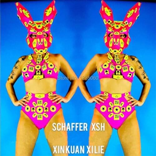 WYY Fashion Nightclub Female Fluorescent Rabbit Headwear Sexy Lady Bikini Suit Dance Team Fluorescent Performance DS DJ Costume
