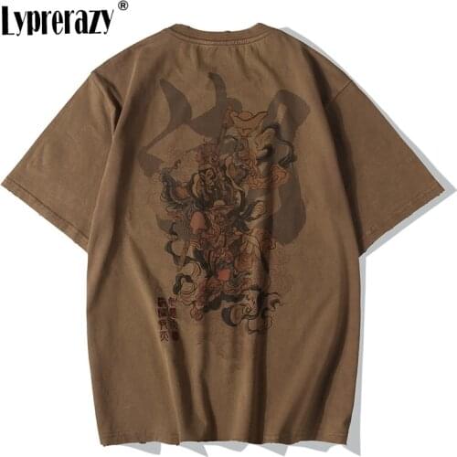 Lyprerazy Chinese Vintage Monkey King Embroidery T Shirt Men Tshirt Men Streetwear T-Shirt Hip Hop 4XL Clothes Brown Cotton