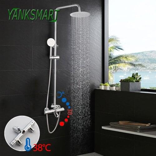 YANKSMART Thermostatic Bathroom Shower Faucet Set Hot And Cold Chrome Polished Shower Faucets Bathtub Wall Mounted Shower Mixer