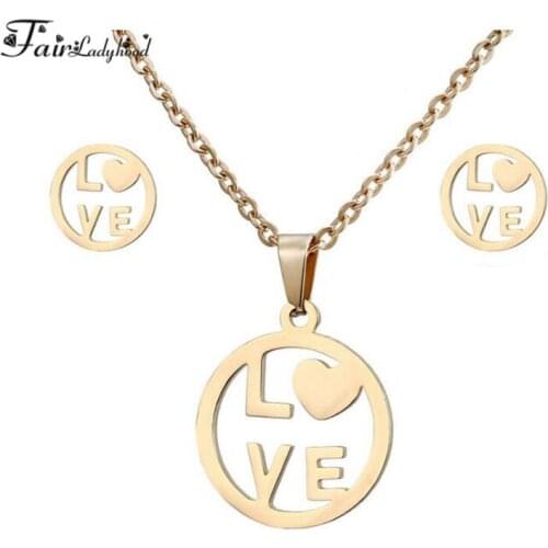 Fairladyhood Round Hollow Love Sweater Chain Necklace and Round Hollow Love Earrings Stainless Steel Jewelry Set For Girl