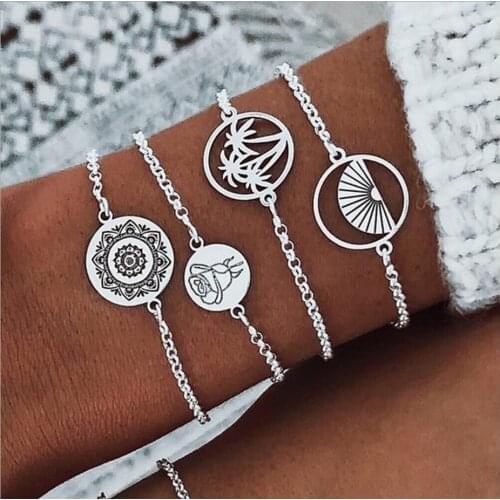 Bracelet sets Bee flower carving and hollow coconut tree in round alloy silver plated metal chain