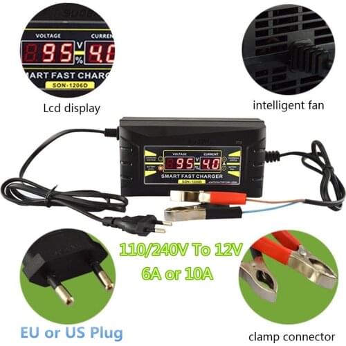 Full Automatic Car Battery Charger 110V/220V To 12V 6A 10A Smart Fast Power Charging For Wet Dry Lead Acid Digital LCD Display