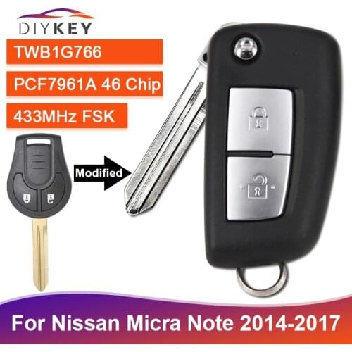 DIYKEY TWB1G766 433MHz for 2014 2015 2016 2017 Nissan Micra Note Upgraded Flip Remote Key Fob 2 Button PCF7961A HITAG 2 ID46