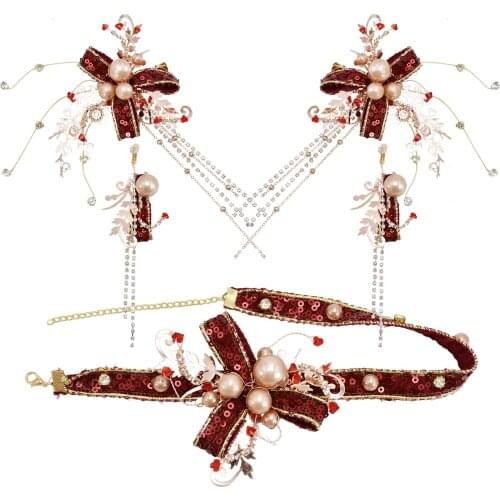 Romantic Red Flower Necklace Earring Sets for Women Bridal Pearl Crystal Long Tassel Jewelry Set Wedding Jewelry Set Gift