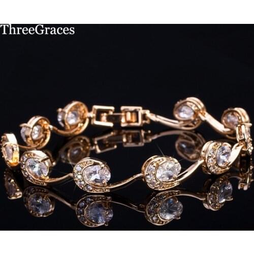 ThreeGraces Luxury CZ Crystal Jewelry Moon Shape Gold Color Clear White Cubic Zirconia Women Bracelets for Wedding BR065