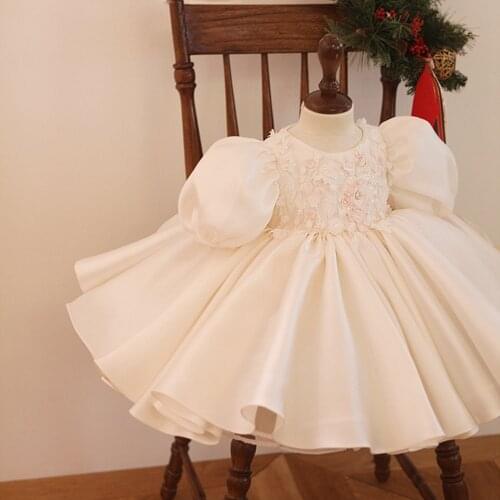 Retro Girls Princess Flower Dress Kids Children Baby Puff Sleeve Birthday Wedding Party Ball Gown Dresses Paegant Vestido S12725