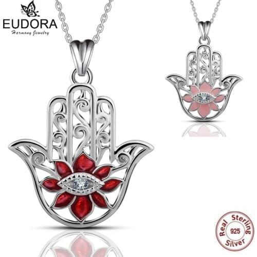 EUDORA 925 Sterling Silver Evil Eye Pendant Necklaces CZ Hamsa Hand Pendant Necklace with Sliver Chain 18 inch Box gift KSYD069