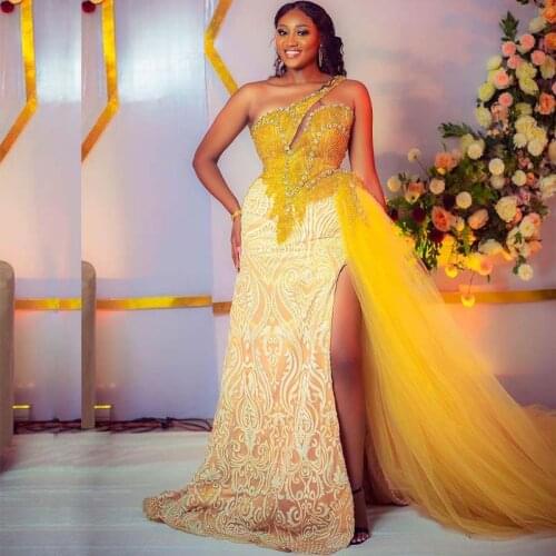 Yellow Detachable Train Floral Lace Mermaid Evening Dresses One Shoulder Crystal Side Split Prom Party Gowns Abendkleider Skirts