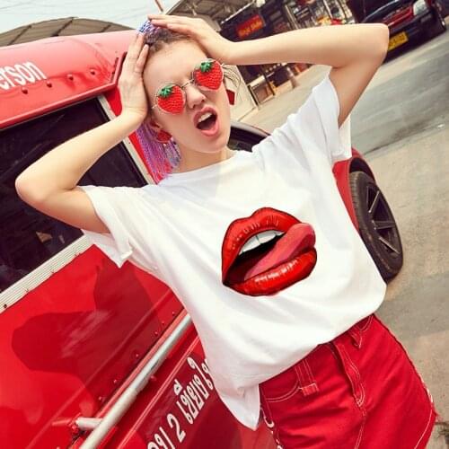 Sexy lips female T-shirt 2020 summer Harajuku thin section white printed shirt female short-sleeved graphic T-shirt