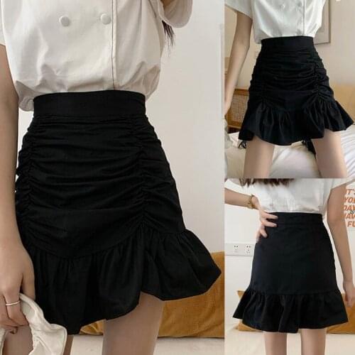 Women Summer High Waist Ruched Ruffles Hem Slim Mini A-Line Skirt Harajuku Solid Color Sexy Package Hip Party Streetwear