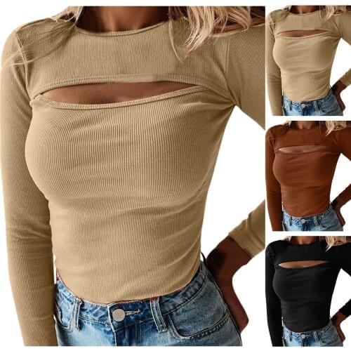 Autumn Sexy Women Blouses Chest Cutout Long-sleeved Ribbed Solid Color Tops Women Casual Tops Sexy Hollow Out Blouses 2021 New