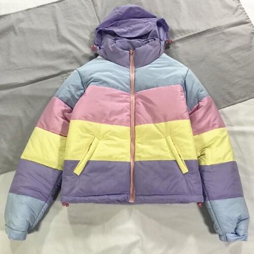 2020 Women Winter Coat Oversize Parkas Short Casual Warm Jacket Striped Winter Clothing Rainbow Stripe Splicing Fluffy Parka