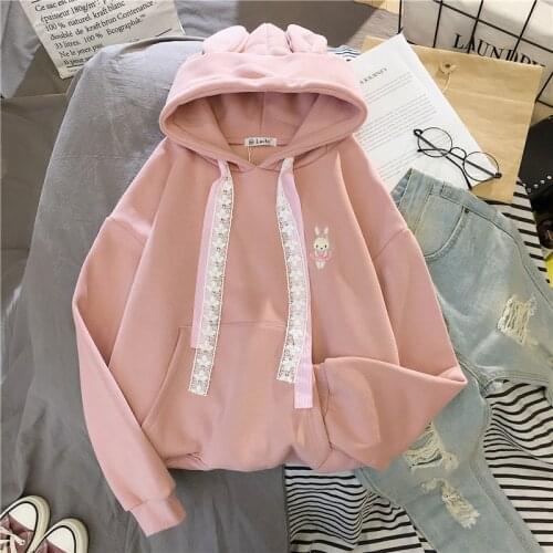 Women Winter Hoody Sweatshirt Embroidery Kawaii Dancing Rabbit Harajuku Lady Pullover Loose Student Wild Long Sleeve Female Tops