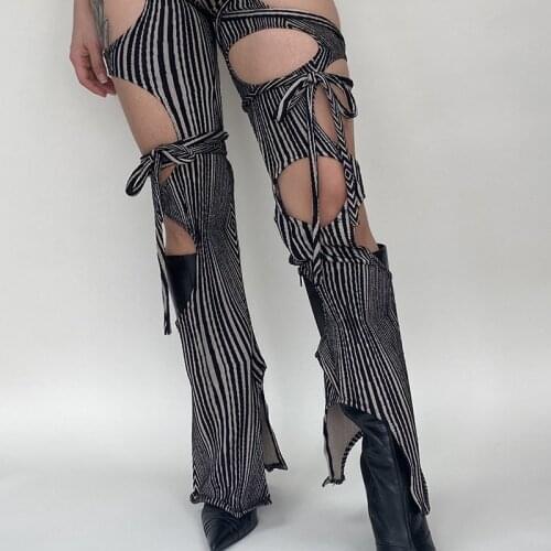 Goth Dark Lace Up Gothic Grunge Punk Women Pants Y2k E-Girl Low Waist Fashion Patchwork Slim Trousers Sexy Hollow Out Streetwear