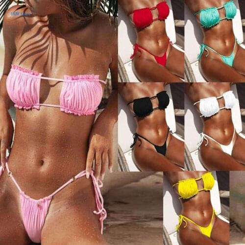 Women Sexy 2pcs Bikini Set Ruched Strapless Hollow Out Bandeau Swimsuit Side Tie Low Waist Solid Color Bathing Suit XX9D