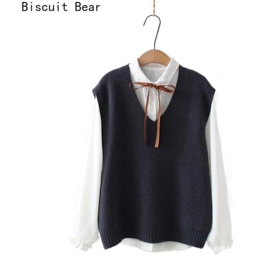 Women Casual 2 Piece Sets Solid V-neck Sleeveless Knitted Vest And White Lace Up Long Sleeve Blouse 2021 Summer Sweet Set