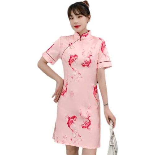 Plus Size M-4XL 2021 New Pink Summer Fashion Modern Cheongsam Dress Women Short Sleeve Qipao Traditional Chinese Style Clothes