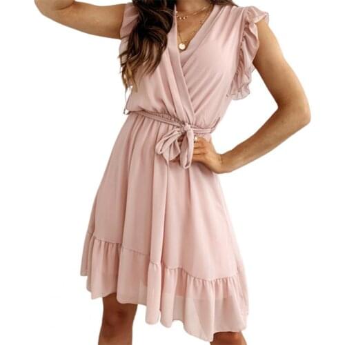 2021 new style Women Minimalist Dress Lacework Cuff Cross Collar V Neck Sexy Dress Summer Plus Size vestidos Women Pink Dress