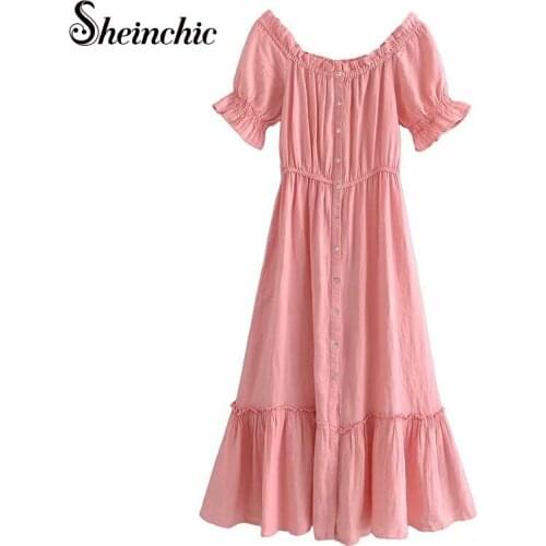 New Vestidos De Mujer Casual Elegant Pink Ruffles Short Sleeve Pleated Long Dresses for Women 2021 Korean Fashion Summer Clothes