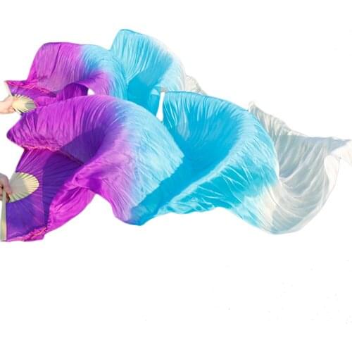 100% Silk Dance Performance Props Fans 1 Pair Bamboo Ribs Long Silk Fans Gradient Color Belly Dance Fans Purple+Turquoise+White