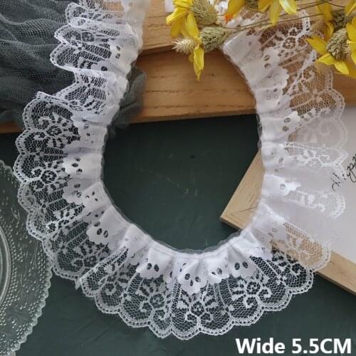 5.5CM Wide White Double Layers Mesh Pleated Fabric Embroidered Ribbon Lace Collar Ruffle Trim Dress Apparel Sewing Fringe Decor