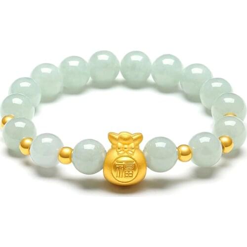 999 24K Yellow Gold Bracelet Real Gold Blessing Luck Bag 3D Hard Gold Natural Jade 8mm Beads For Women Female 's Bracelet