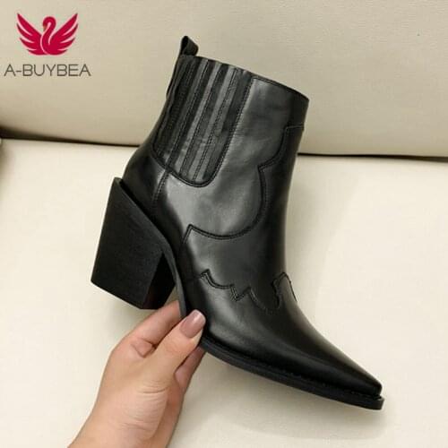 Leather Boots Women Genuine Pointed Toe Mid Heel Ankle Boots Thick Square Heel Slip On Western Boots Cowboy Boots Women 2019 New