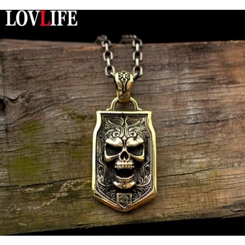 Vintage Skull Head Hanging Tag Pendant for Necklace Keychain Punk Rock Hip Hop Men Trendy Jewelry Pure Brass Cool Keyring Charms