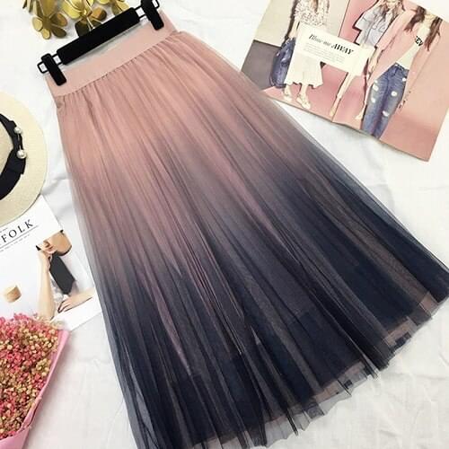 Long Tulle Skirt Women 2019 Spring Summer Gradient Korean Elegant High Waist A-line Pleated School Midi Skirt Female RE2396