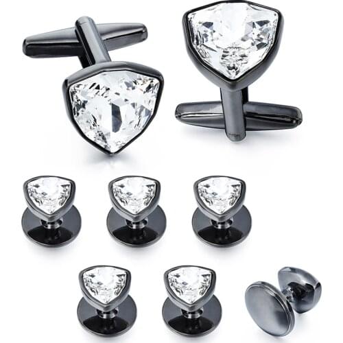 HAWSON Triangle Crystal Cufflinks Tuxedo Studs Set for Men 2Pcs Cuff Links with 6Pcs Studs Packed in Box Best Gifts for Wedding