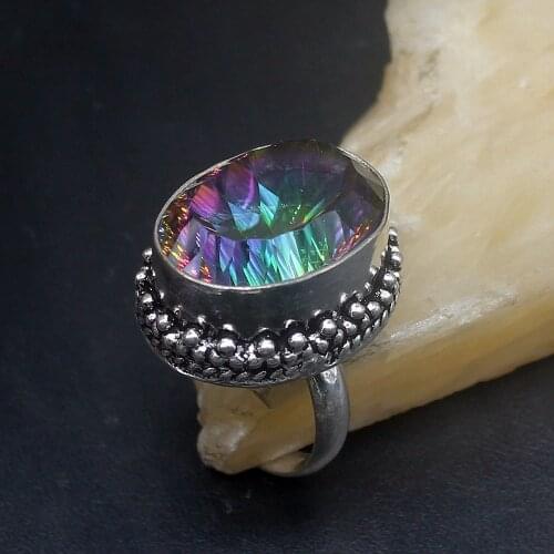 Hermosa Jewelry Solitaire Vintage Fire MysticalTopaz Silver Color Wedding Charms Band Ring For Women Men Size 9 HD961