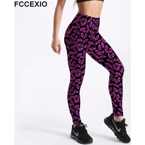 FCCEXIO New Women Fitness Workout Fashion Leggings Purple Leaves 3D Digital Print Push Up Women Elastic Force Sports Leggings