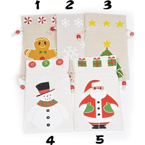 Christmas Gift Bag Linen Bundle Pocket Cartoon Snowflake Christmas Decorations for Home New Year 2021 Candy Bag Santa Gift Bag
