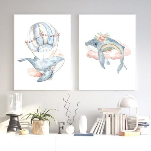 Pink Flower Cloud Poster Baby Nursery Wall Art Canvas Painting Cartoon Whale Print Nordic Kids Decoration Picture Bedroom Decor