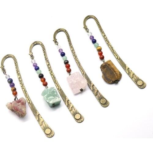 New Style 6Pcs/Lot Crystal Green Aventurine Citrine Raw stone bookmarks seven chakra creative 12cm Long Alloy bookmark