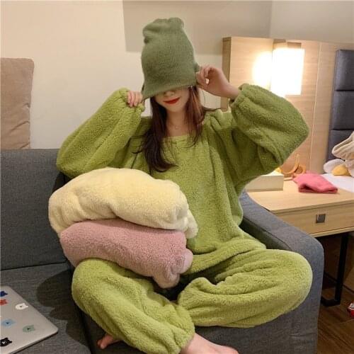 New Womens Pajamas Set Fashion Coral Fleece Sleepwear Long Sleeve Pure Color Pajama Suits Two-piece Girl Cute Nightwear Clothes